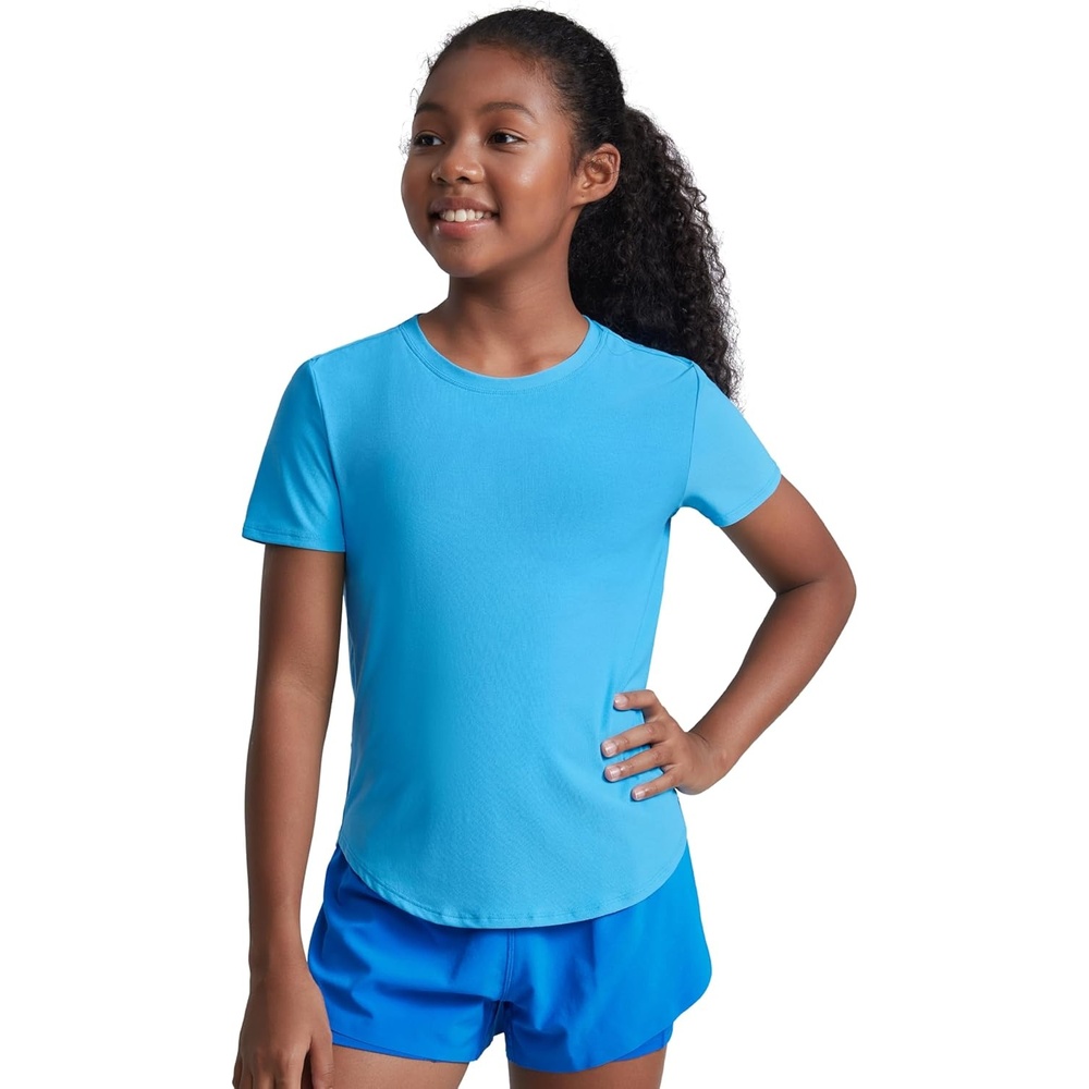 image:imageCRZ YOGA Girls Cloudweight Short Sleeve Athletic T Shirts Active Sports Casual Tees Crew Neck Side Slit Kids TeenKayak Blue