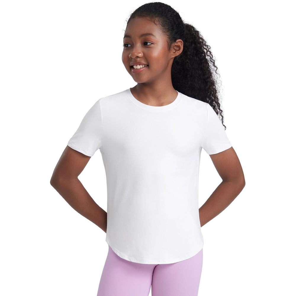 image:imageCRZ YOGA Girls Cloudweight Short Sleeve Athletic T Shirts Active Sports Casual Tees Crew Neck Side Slit Kids TeenWhite