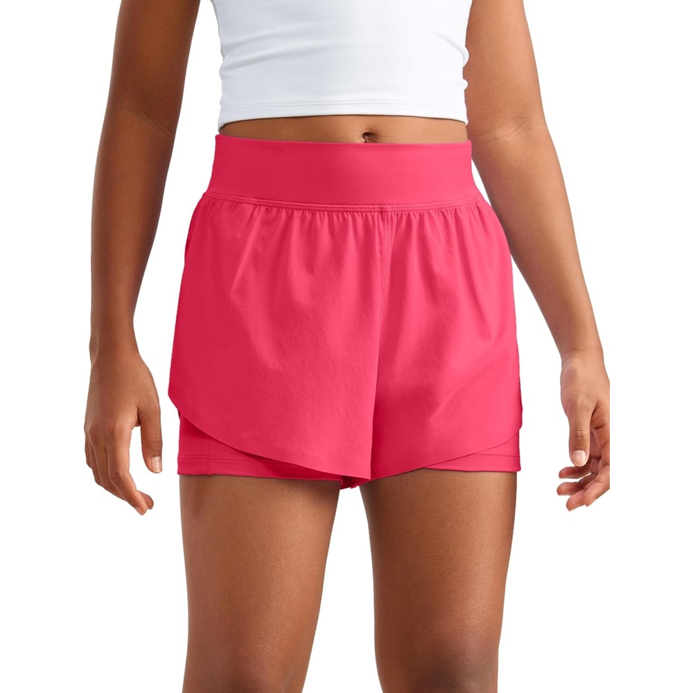 image:imageCRZ YOGA Girls FeatheryFit Soft 2 in 1 Dolphin Athletic Shorts Tennis Soccer Running Casual Liner Pockets Kids TeenLip Gloss Pink