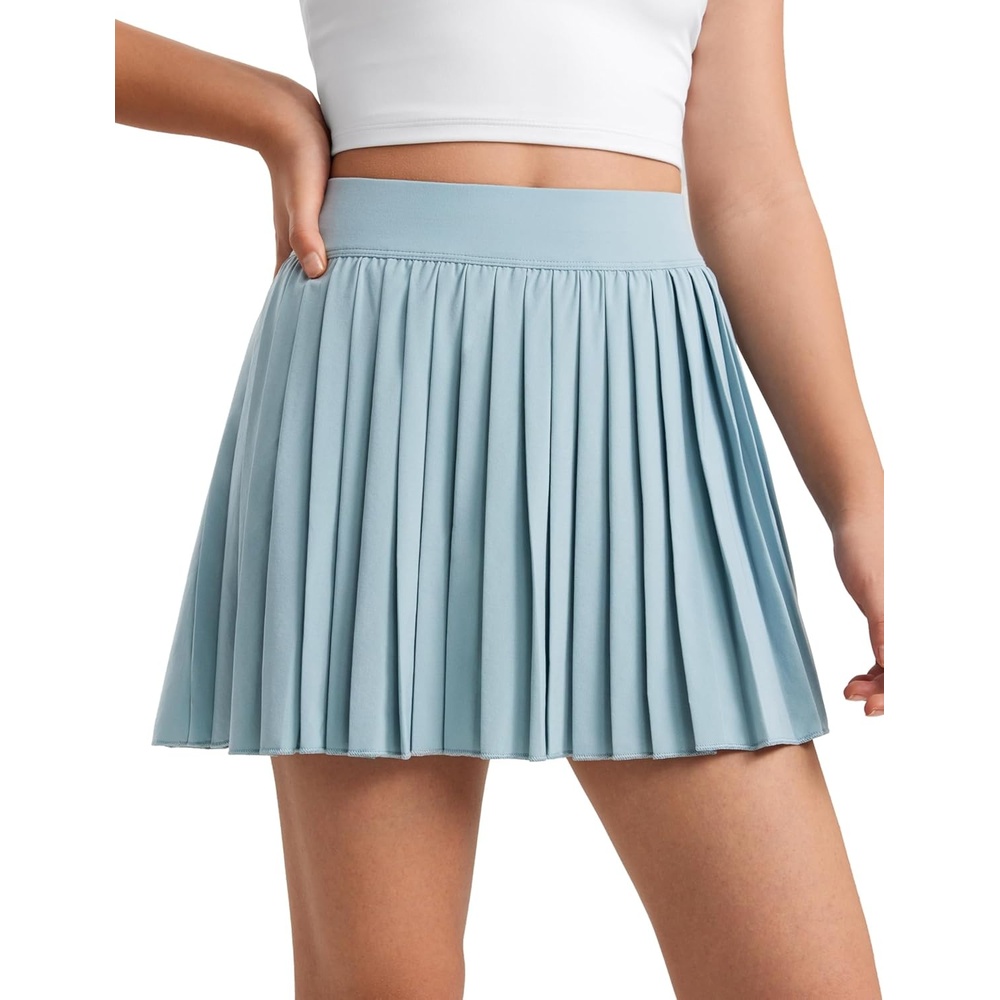 image:imageCRZ YOGA Girls FeatheryFit Soft Athletic Pleated Skirts Tennis School Casual Skorts with Pockets Liner Kids TeenLight Grayish Blue
