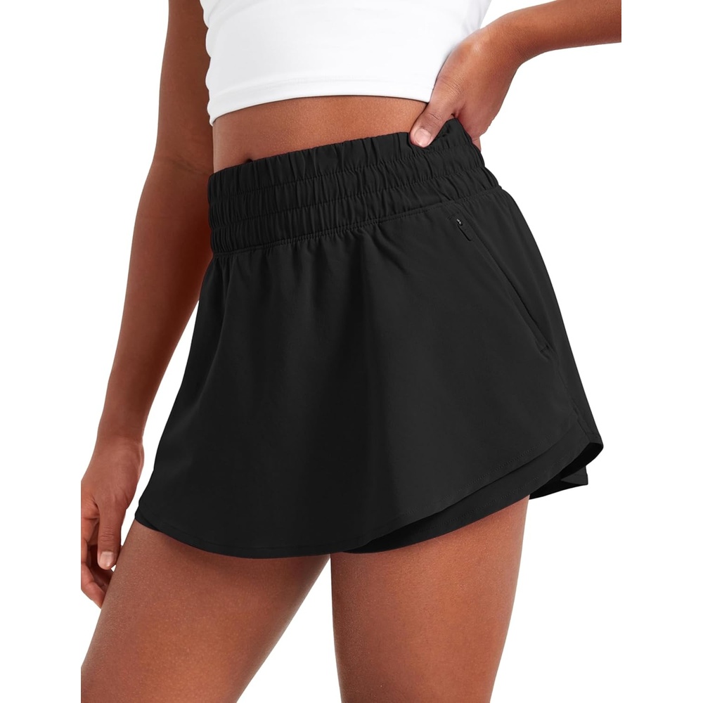 image:imageCRZ YOGA Girls FeatheryFit Soft Skirty Athletic Shorts Tennis Soccer Casual Flowy Ruffle Zip Pocket Liner Kids TeenBlack