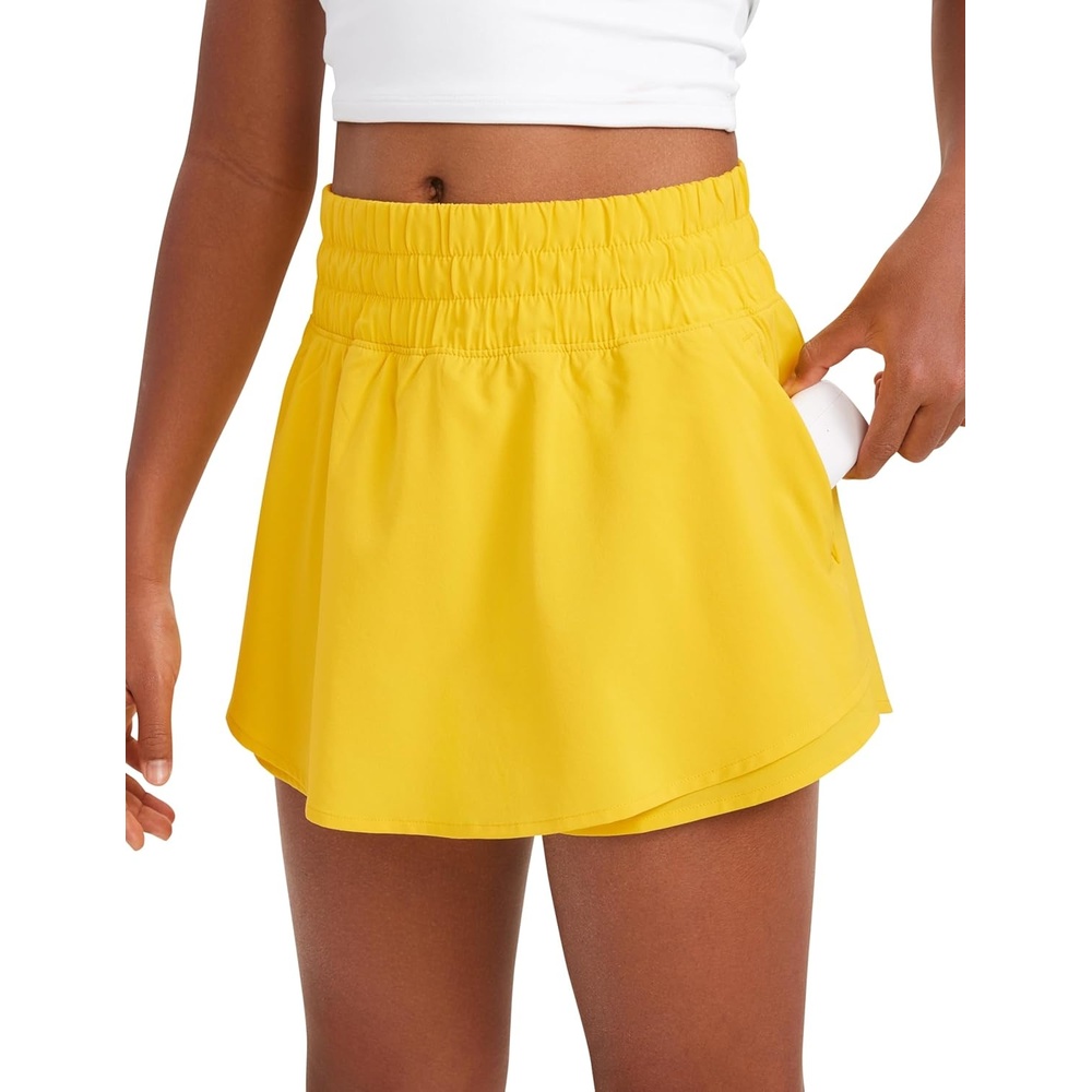 image:imageCRZ YOGA Girls FeatheryFit Soft Skirty Athletic Shorts Tennis Soccer Casual Flowy Ruffle Zip Pocket Liner Kids TeenHigh Visibility Yellow