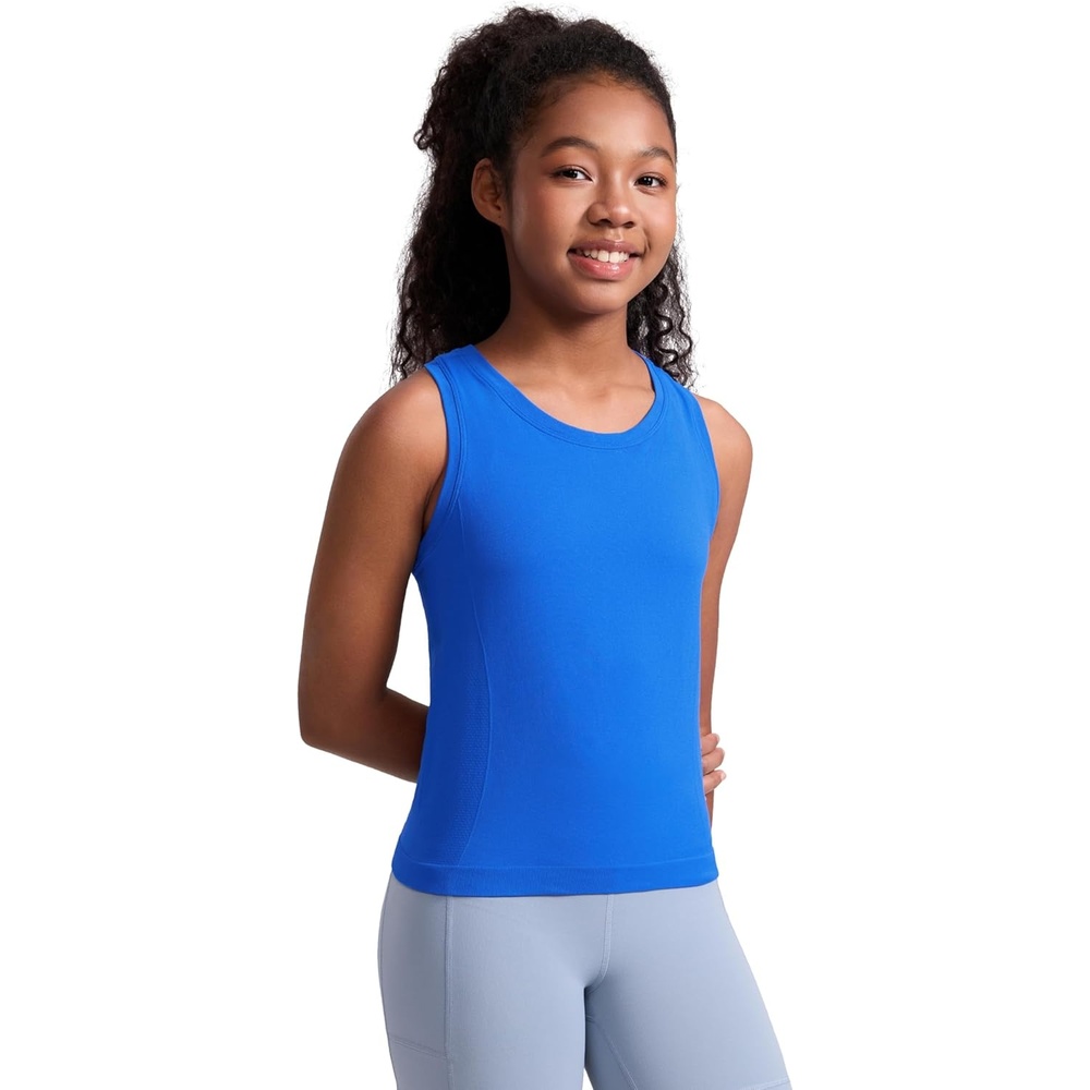 image:imageCRZ YOGA Girls Seamless Athletic Tank Tops Waist Length Active Dance Casual Racerback Crew Neck Sleeveless Kids TeenSparkle Blue