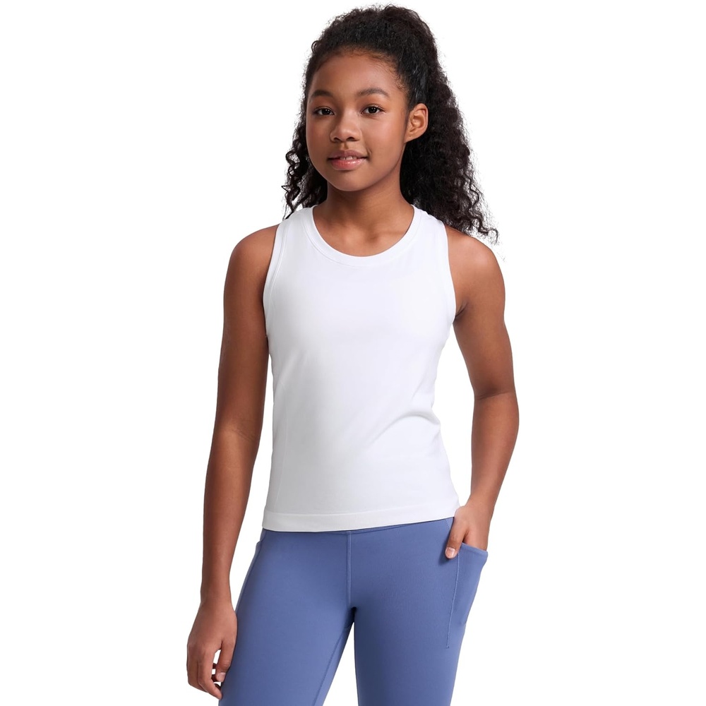 image:imageCRZ YOGA Girls Seamless Athletic Tank Tops Waist Length Active Dance Casual Racerback Crew Neck Sleeveless Kids TeenWhite