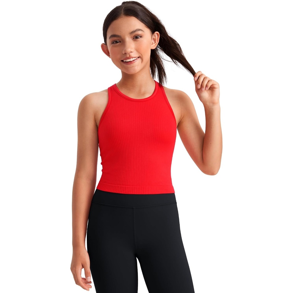 image:imageCRZ YOGA Girls Seamless Ribbed Longline Sports Bra Yoga Athletic Casual Tops High Neck Racerback Padded Kids TeenDeep Red