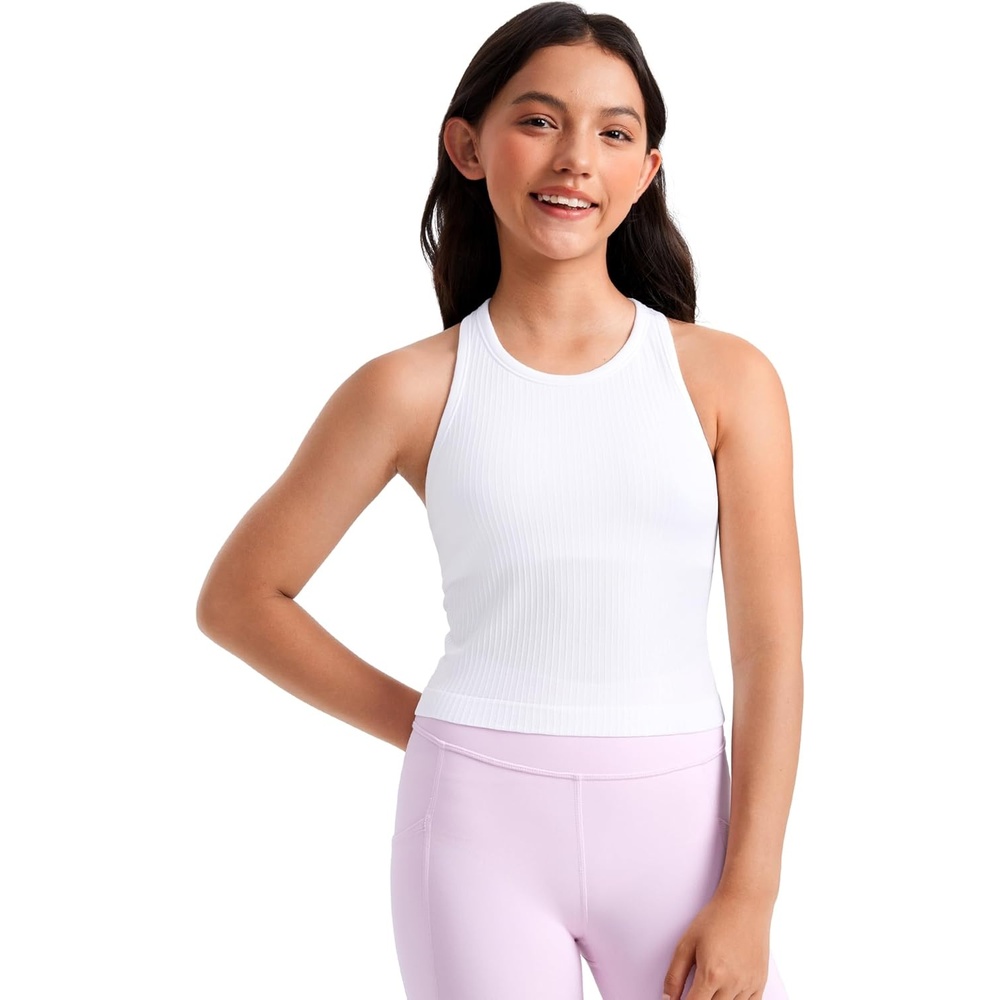 image:imageCRZ YOGA Girls Seamless Ribbed Longline Sports Bra Yoga Athletic Casual Tops High Neck Racerback Padded Kids TeenWhite