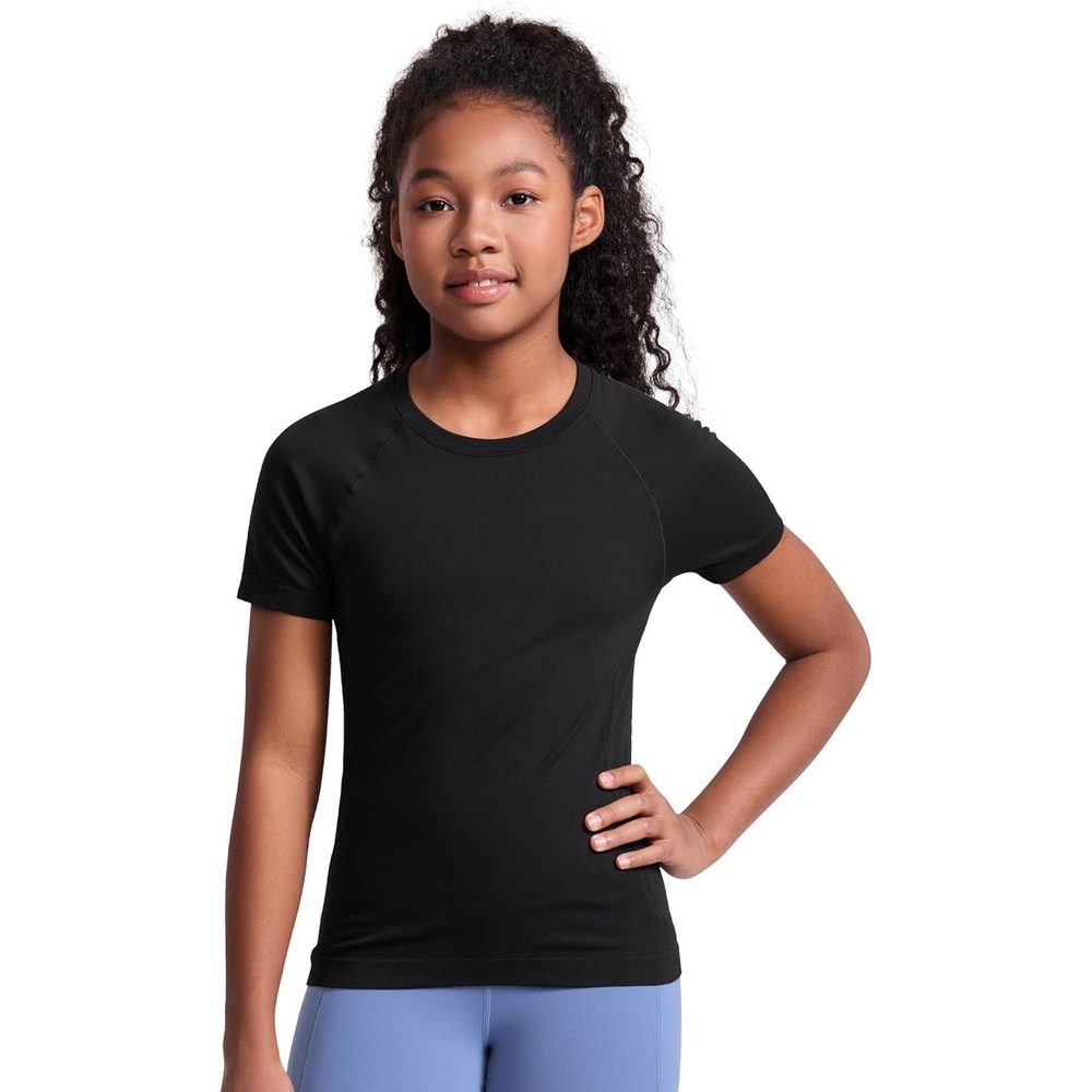 image:imageCRZ YOGA Girls Seamless Short Sleeve Athletic T Shirts Active Sports Casual Tees Crew Neck Kids TeenBlack