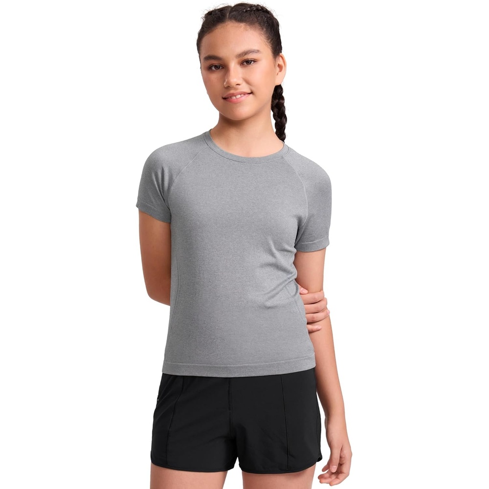 image:imageCRZ YOGA Girls Seamless Short Sleeve Athletic T Shirts Active Sports Casual Tees Crew Neck Kids TeenSlate Grey Marl