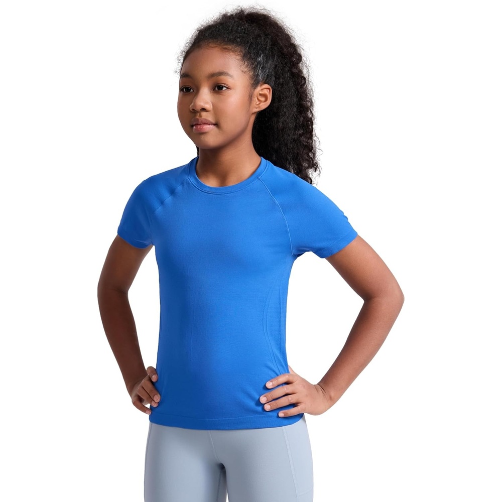 image:imageCRZ YOGA Girls Seamless Short Sleeve Athletic T Shirts Active Sports Casual Tees Crew Neck Kids TeenSparkle Blue