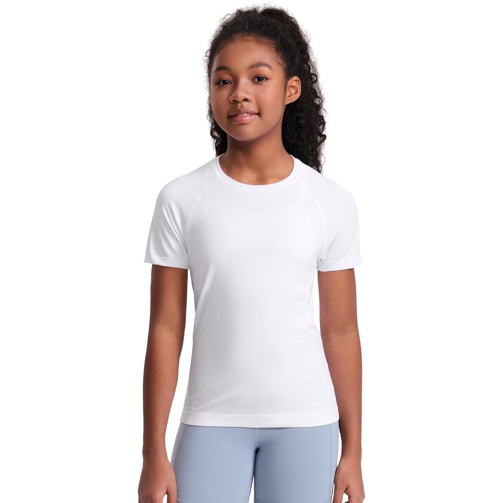 image:imageCRZ YOGA Girls Seamless Short Sleeve Athletic T Shirts  Active Sports Casual Tees Crew Neck Kids TeenWhite