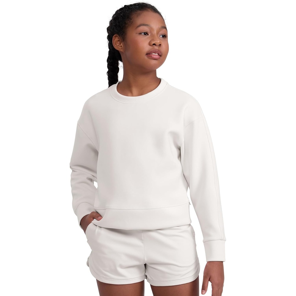 image:imageCRZ YOGA Girls SoftAura Long Sleeve Crew Neck Casual Sweatshirts Lounge Pullover Hoodie Relaxed Waist Length Kids TeenMilky White