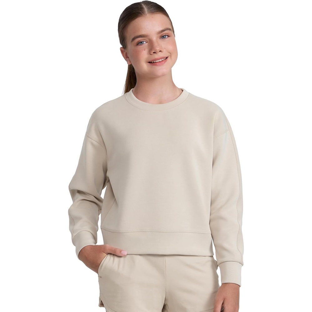 image:imageCRZ YOGA Girls SoftAura Long Sleeve Crew Neck Casual Sweatshirts Lounge Pullover Hoodie Relaxed Waist Length Kids TeenMojave Tan