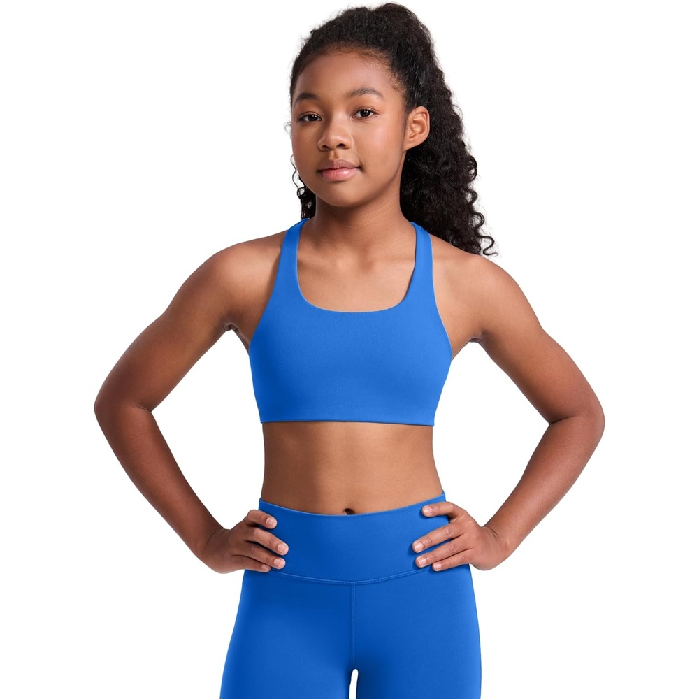 image:imageCRZ YOGA Girls Softness Mold Butterluxe Racerback Sports Bra Athletic Yoga Casual U Neck Scoop Teen KidsSparkle Blue