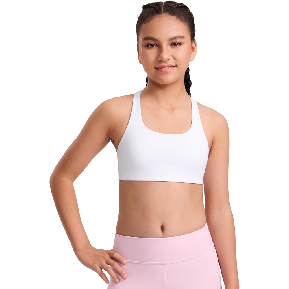 image:imageCRZ YOGA Girls Softness Mold Butterluxe Racerback Sports Bra Athletic Yoga Casual U Neck Scoop Teen KidsWhite