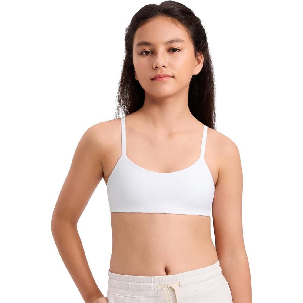 image:imageCRZ YOGA Girls Softness Mold Softhold Training Bra Casual Everyday Tops V Neck Adjustable Straps Kids TeenSnow White