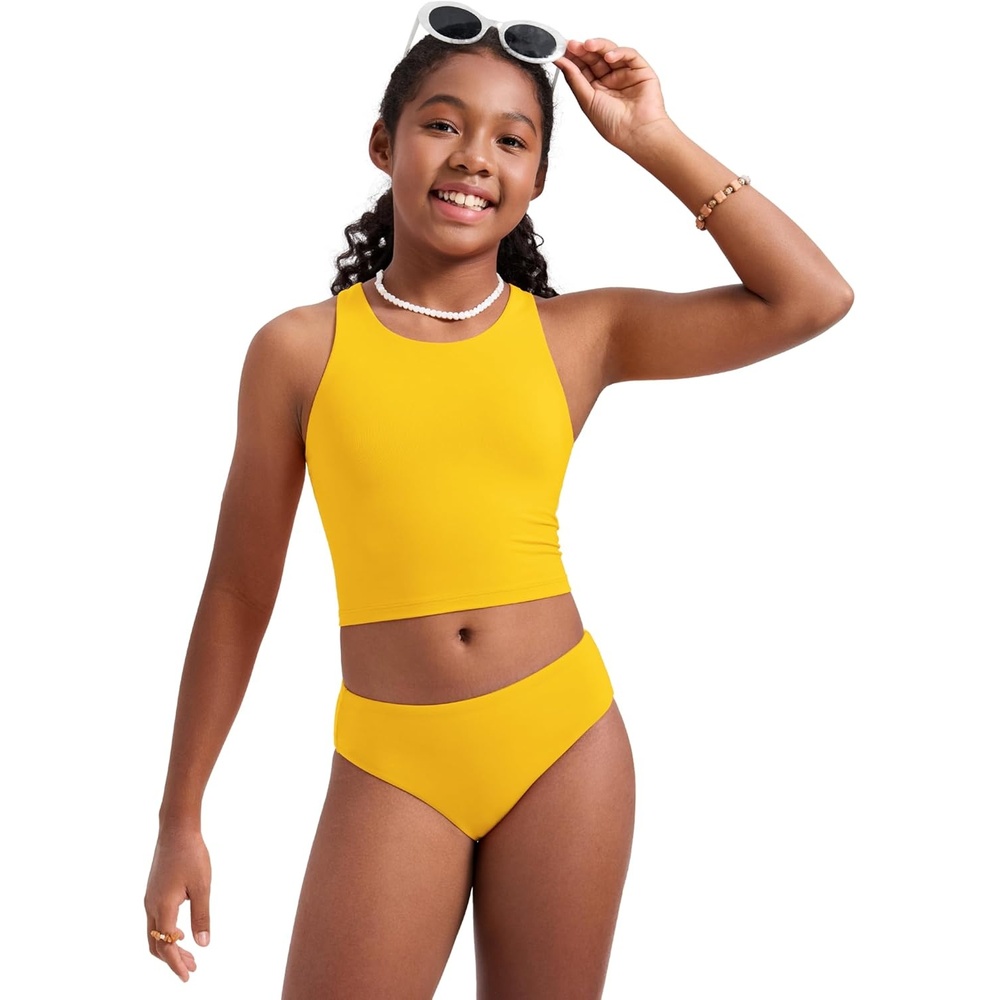 image:imageCRZ YOGA Girls Tankini Set 2 Piece Swimsuit Beach Sports Bathing Suit High Neck Racerback Padded Kids TeenHigh Visibility Yellow