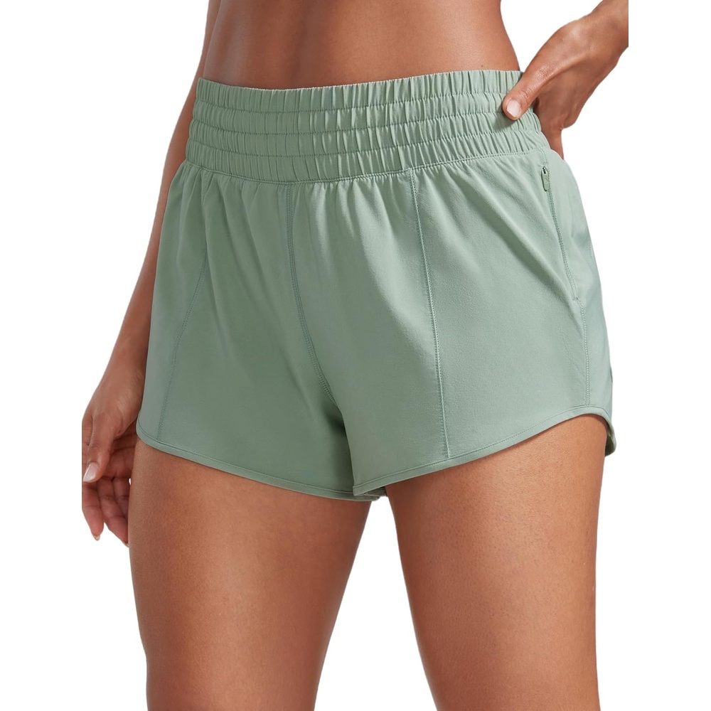 image:imageCRZ YOGA High Waisted Running Shorts for Women 25 Mesh Liner Quick Dry for Workout Sport Athletic with Zipper PocketGreen Palm Court