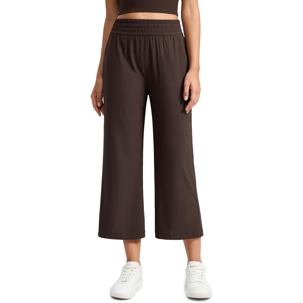 image:imageCRZ YOGA Lightweight Drapey Flared Capri Pants for Women 23 Flowy Casual Travel Work with Pockets SummerHot Fudge Brown