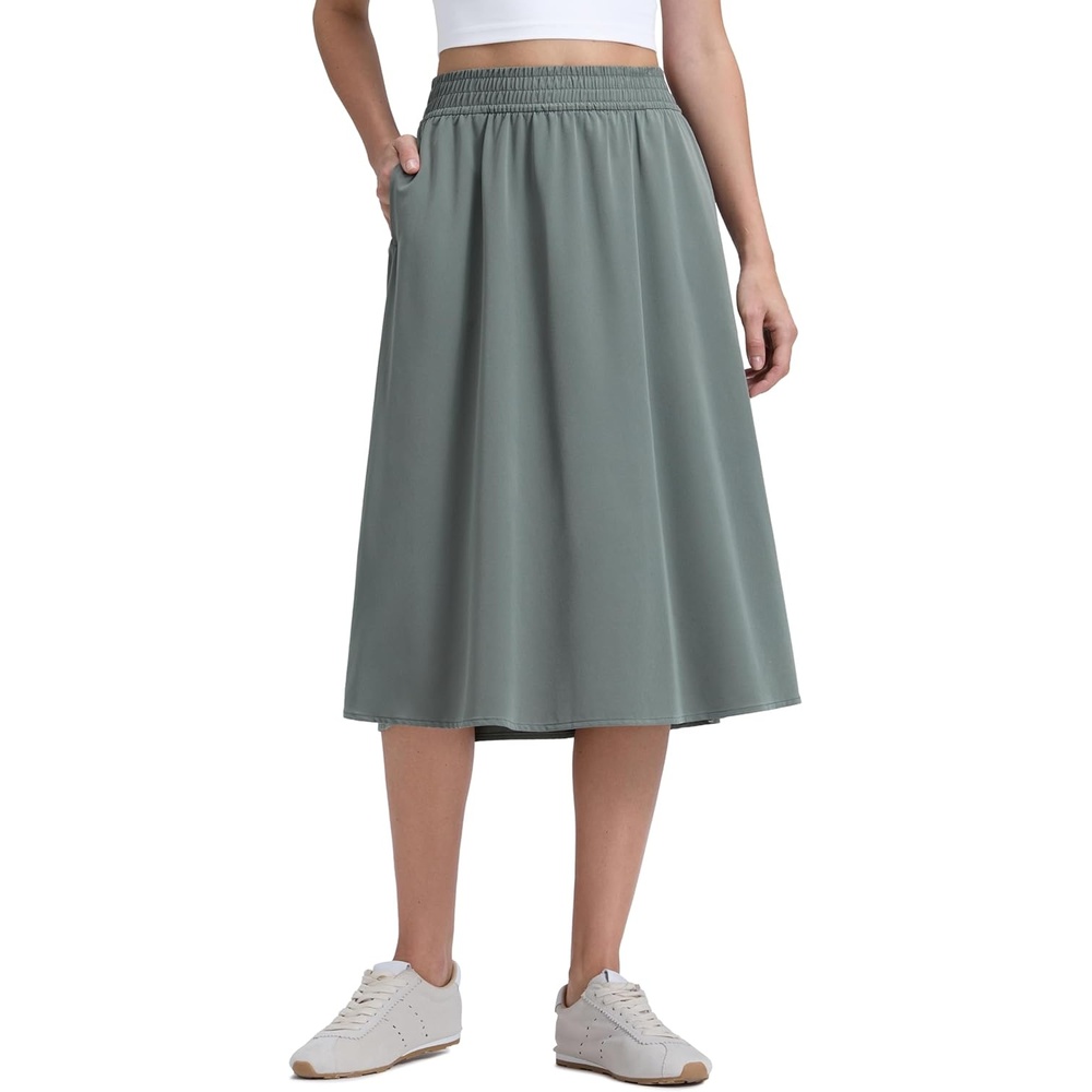 image:imageCRZ YOGA Lightweight Drapey Flowy Midi Skirts for Women High Waisted Casual Travel Holiday ALine Outfits with Side PocketsGrey Sage