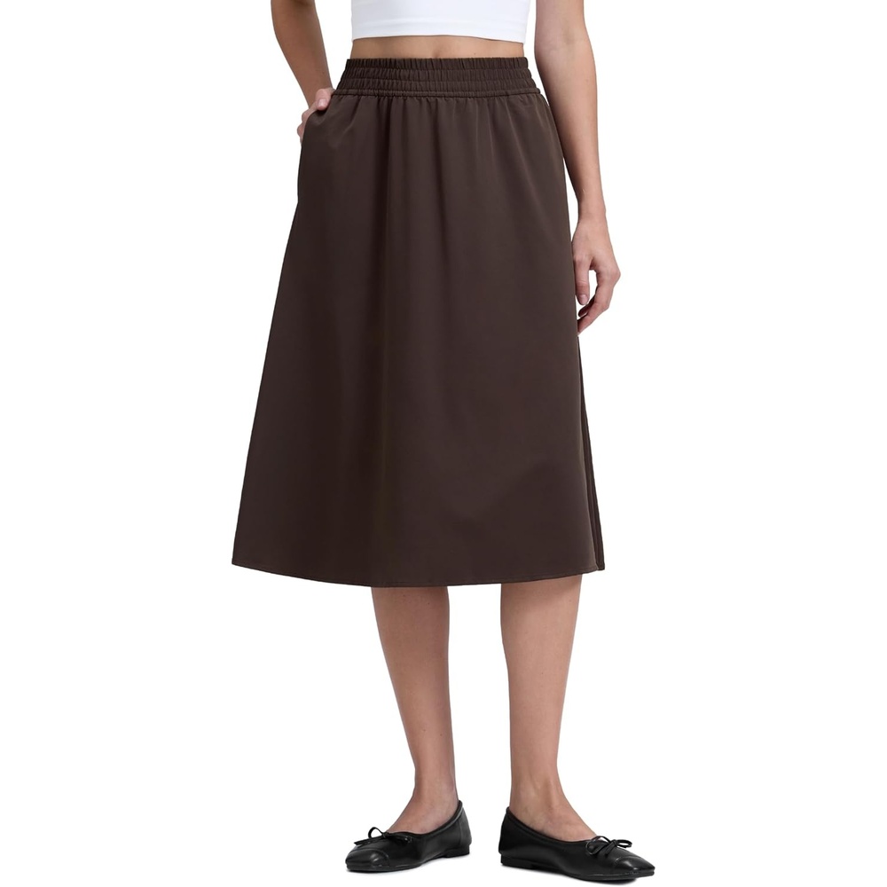 image:imageCRZ YOGA Lightweight Drapey Flowy Midi Skirts for Women High Waisted Casual Travel Holiday ALine Outfits with Side PocketsHot Fudge Brown