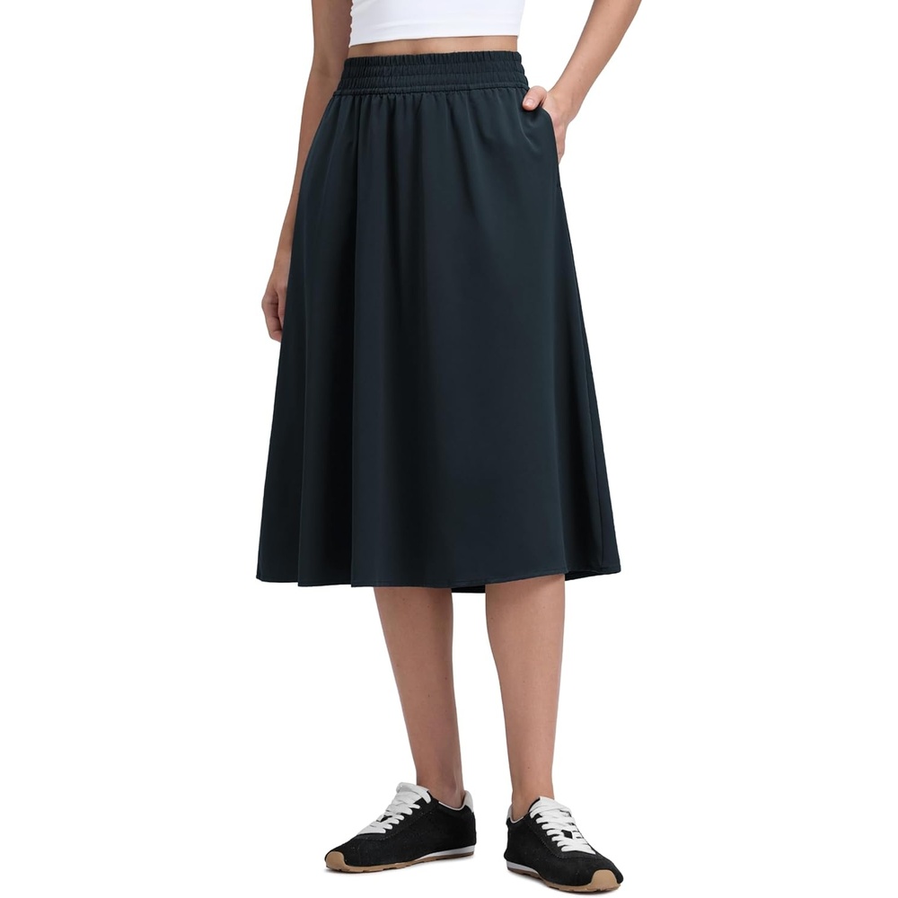 image:imageCRZ YOGA Lightweight Drapey Flowy Midi Skirts for Women High Waisted Casual Travel Holiday ALine Outfits with Side PocketsTrue Navy