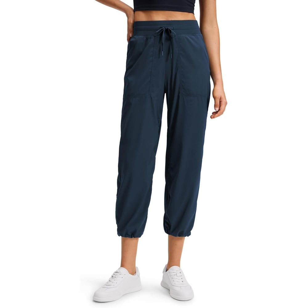 image:imageCRZ YOGA Lightweight Straight Leg Cropped Pants for Women 24 Ruched Casual Work Athletic Capri with PocketsInk Blue