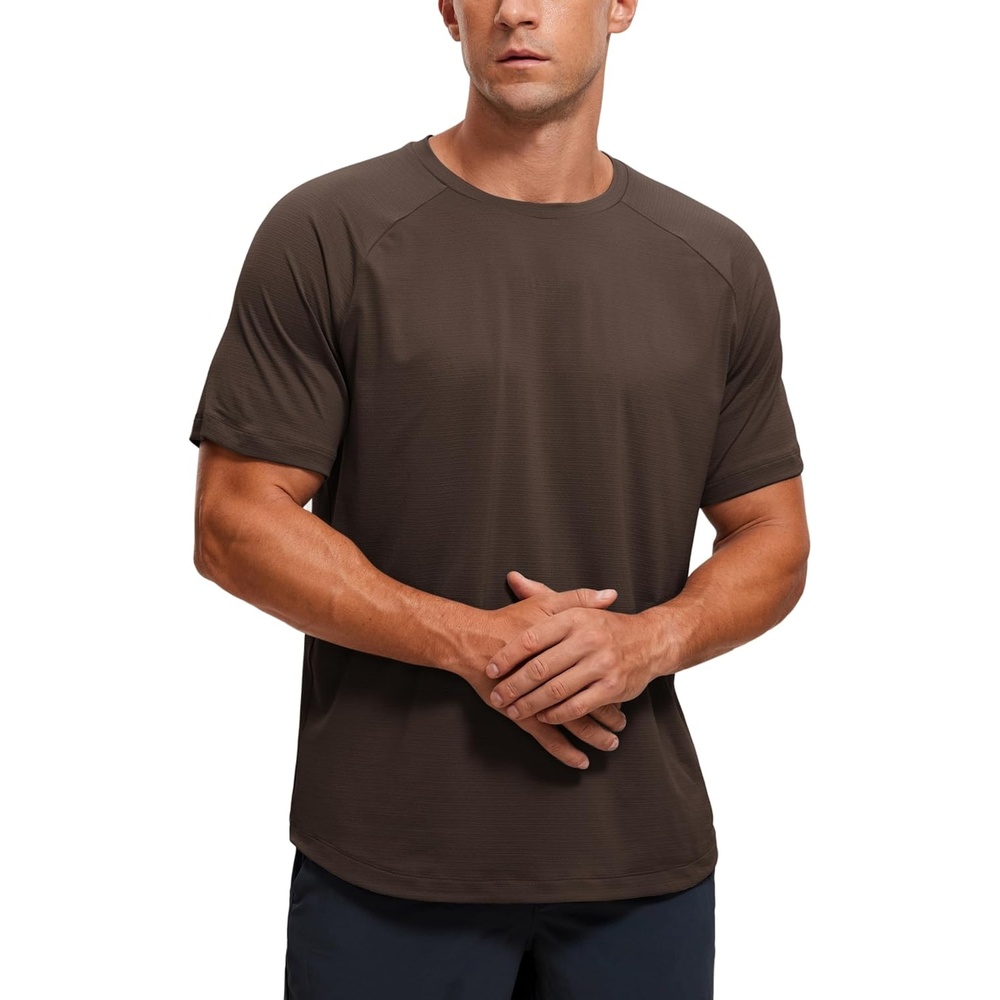 image:imageCRZ YOGA Lightweight Workout Shirts for Men Texture Crewneck Running Athletic TShirts Short Sleeve Gym TopsHot Fudge Brown