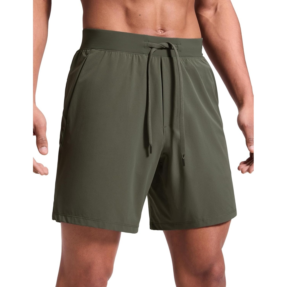image:imageCRZ YOGA Mens Linerless Motion Shorts 7 Side Split Workout Daily Quick Dry for Gym Athletic Casual with PocketsDark Olive