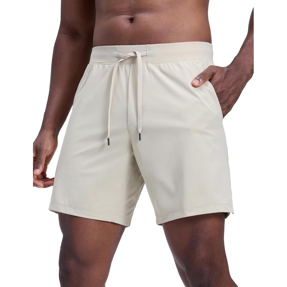 image:imageCRZ YOGA Mens Linerless Motion Shorts 7 Side Split Workout Daily Quick Dry for Gym Athletic Casual with PocketsMojave Tan