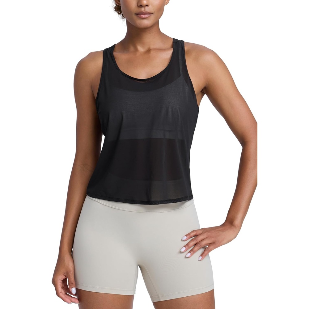 image:imageCRZ YOGA Mesh Workout Tank Tops for Women Athletic Sheer Scoop Neck Cover Up Breathable Summer Sleeveless ShirtsBlack