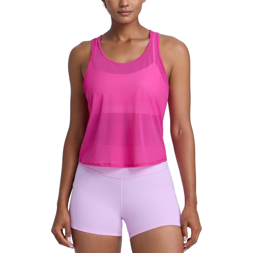 image:imageCRZ YOGA Mesh Workout Tank Tops for Women Athletic Sheer Scoop Neck Cover Up Breathable Summer Sleeveless ShirtsHibiscus Purple