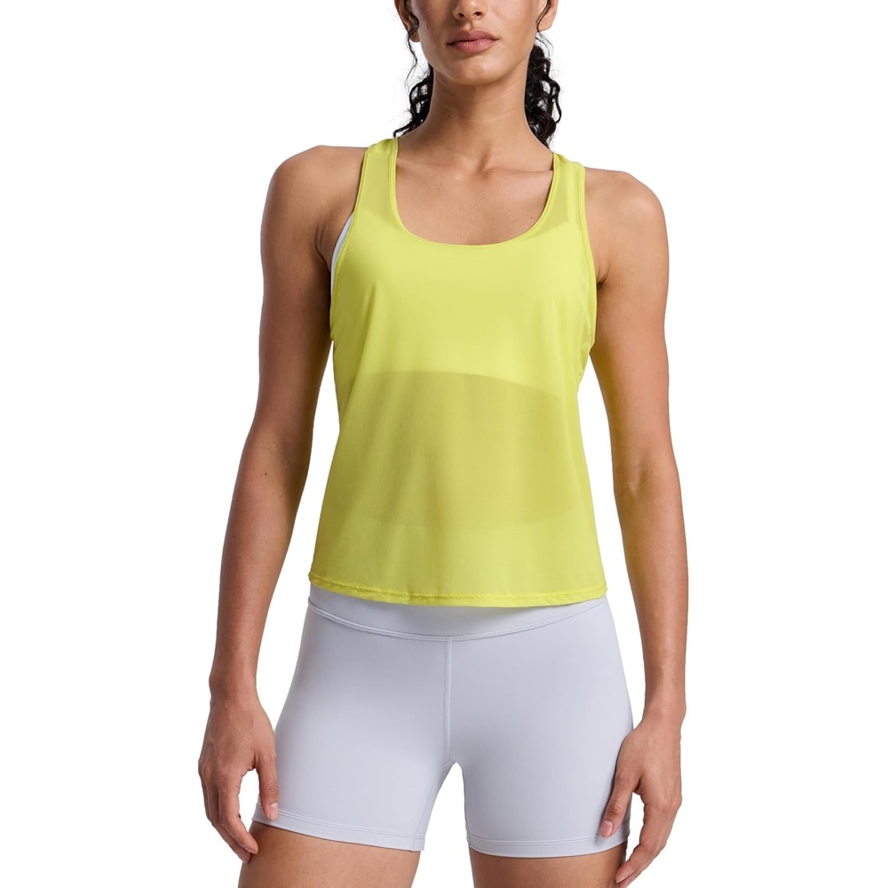 image:imageCRZ YOGA Mesh Workout Tank Tops for Women Athletic Sheer Scoop Neck Cover Up Breathable Summer Sleeveless ShirtsLuminous Yellow