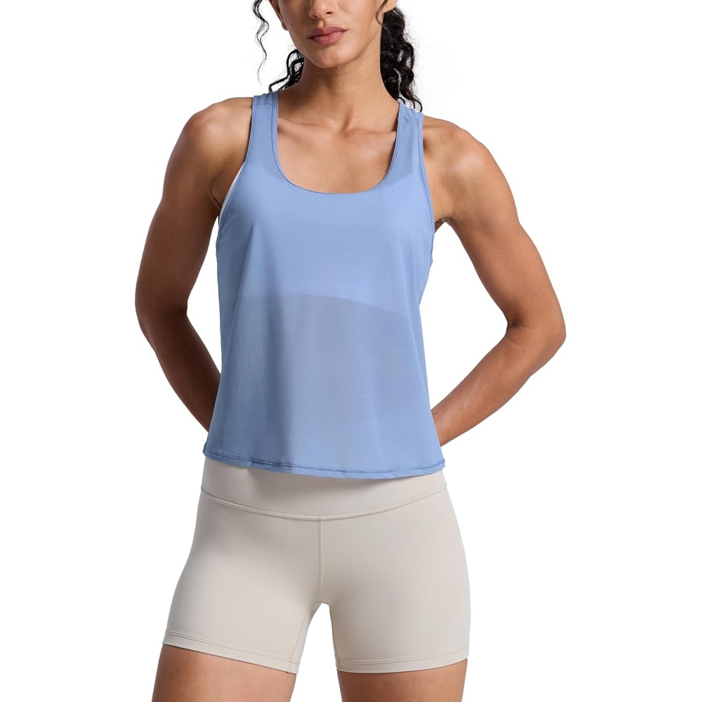 image:imageCRZ YOGA Mesh Workout Tank Tops for Women Athletic Sheer Scoop Neck Cover Up Breathable Summer Sleeveless ShirtsSlate Blue