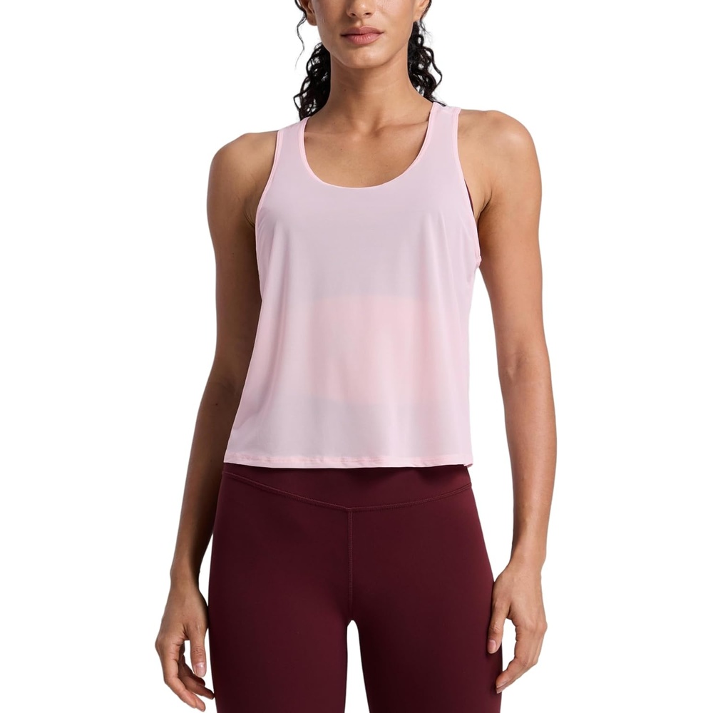 image:imageCRZ YOGA Mesh Workout Tank Tops for Women Athletic Sheer Scoop Neck Cover Up Breathable Summer Sleeveless ShirtsStrawberry Pink