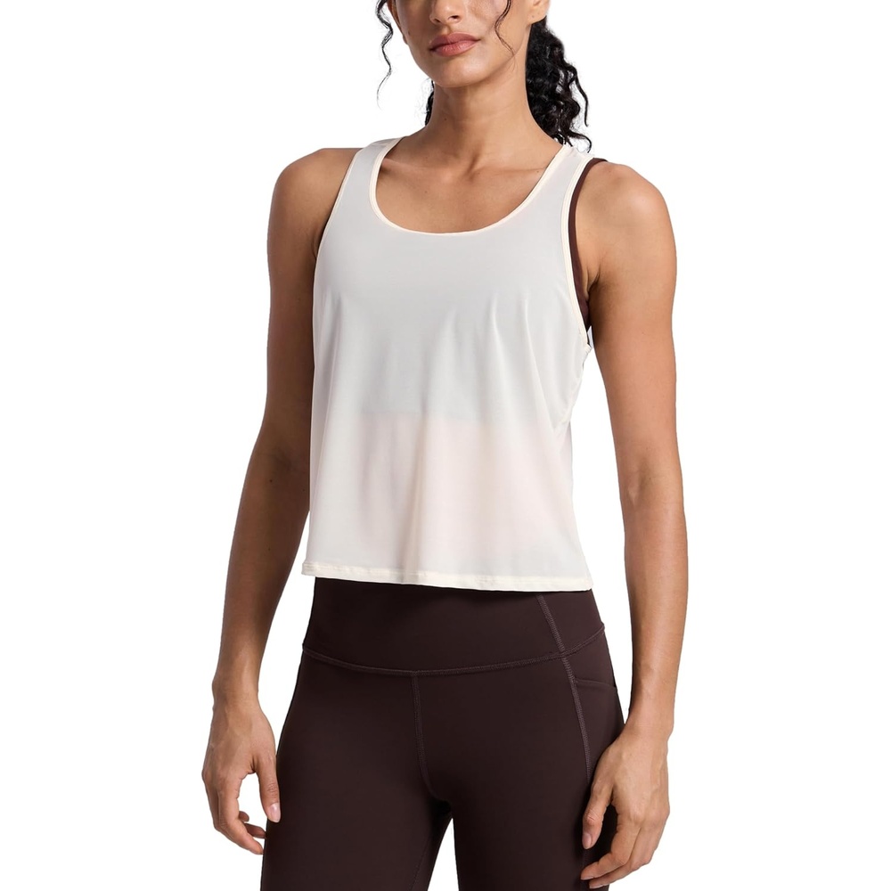 image:imageCRZ YOGA Mesh Workout Tank Tops for Women Athletic Sheer Scoop Neck Cover Up Breathable Summer Sleeveless ShirtsWhite Apricot