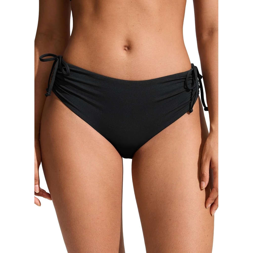 image:imageCRZ YOGA Mid Waisted Ruched Bikini Bottoms for Women Full Coverage Bathing Swimsuit Adjustable Side Tie Swim BriefsBlack