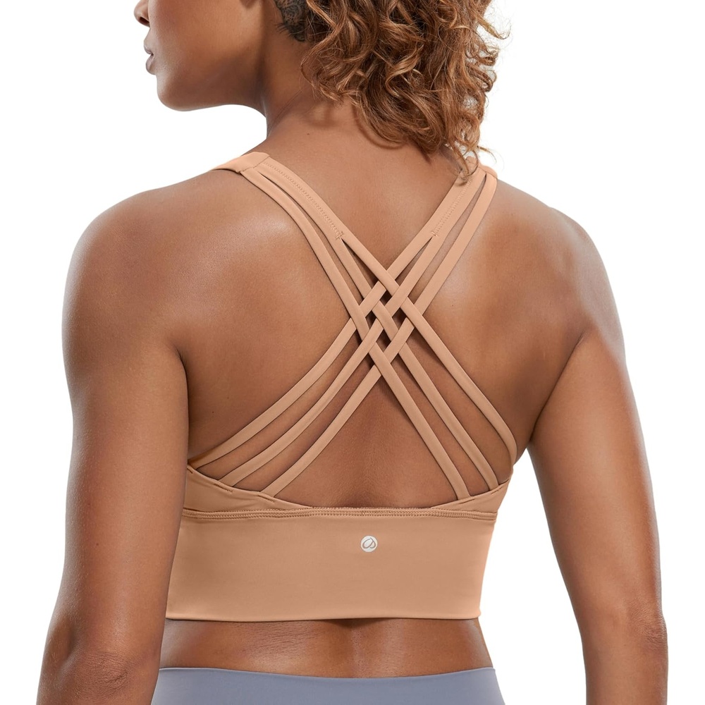 image:imageCRZ YOGA Naked Feeling Criss Cross Longline Sports Bras for Women Wirefree Padded Strappy Yoga Cropped TopsMocha Mousse