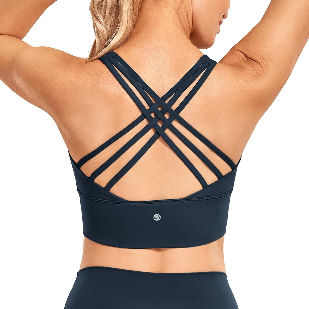 image:imageCRZ YOGA Naked Feeling Criss Cross Longline Sports Bras for Women Wirefree Padded Strappy Yoga Cropped TopsTrue Navy