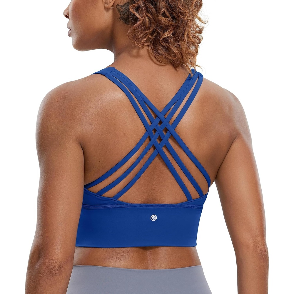 image:imageCRZ YOGA Naked Feeling Criss Cross Longline Sports Bras for Women Wirefree Padded Strappy Yoga Cropped TopsWaves Blue