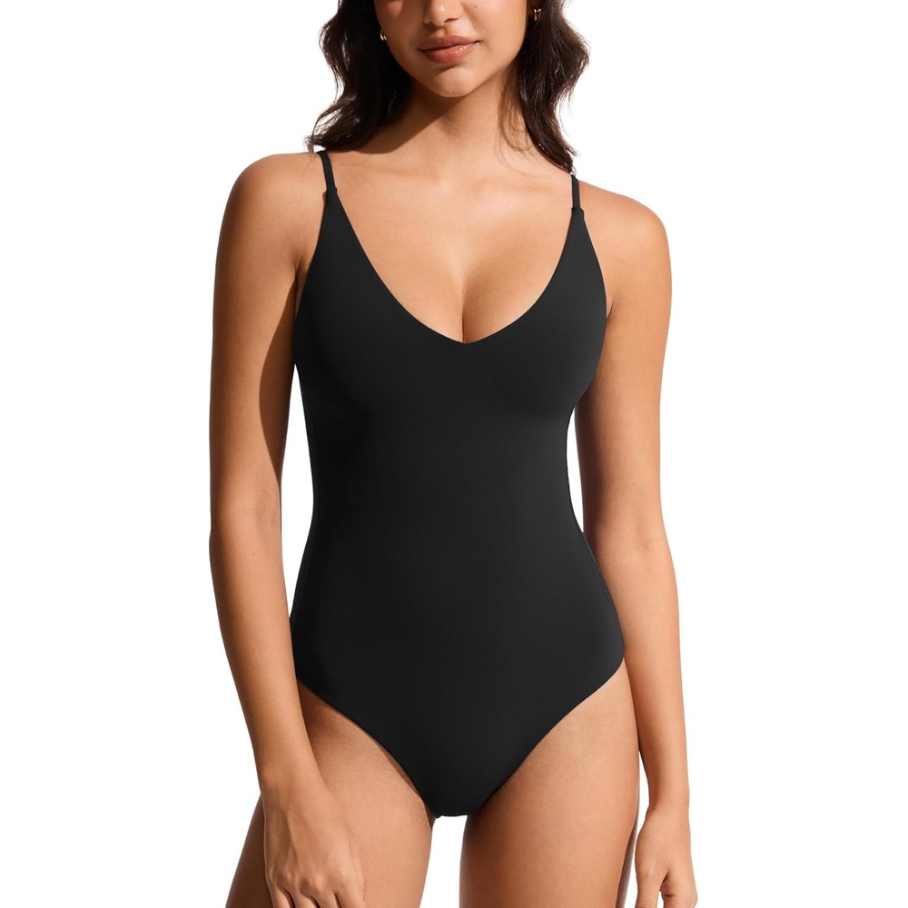 image:imageCRZ YOGA Nexfeel Double Lined V Neck One Piece Swimsuit for Women Tummy Control Slimming Modest Bathing Suit Non PaddedBlack