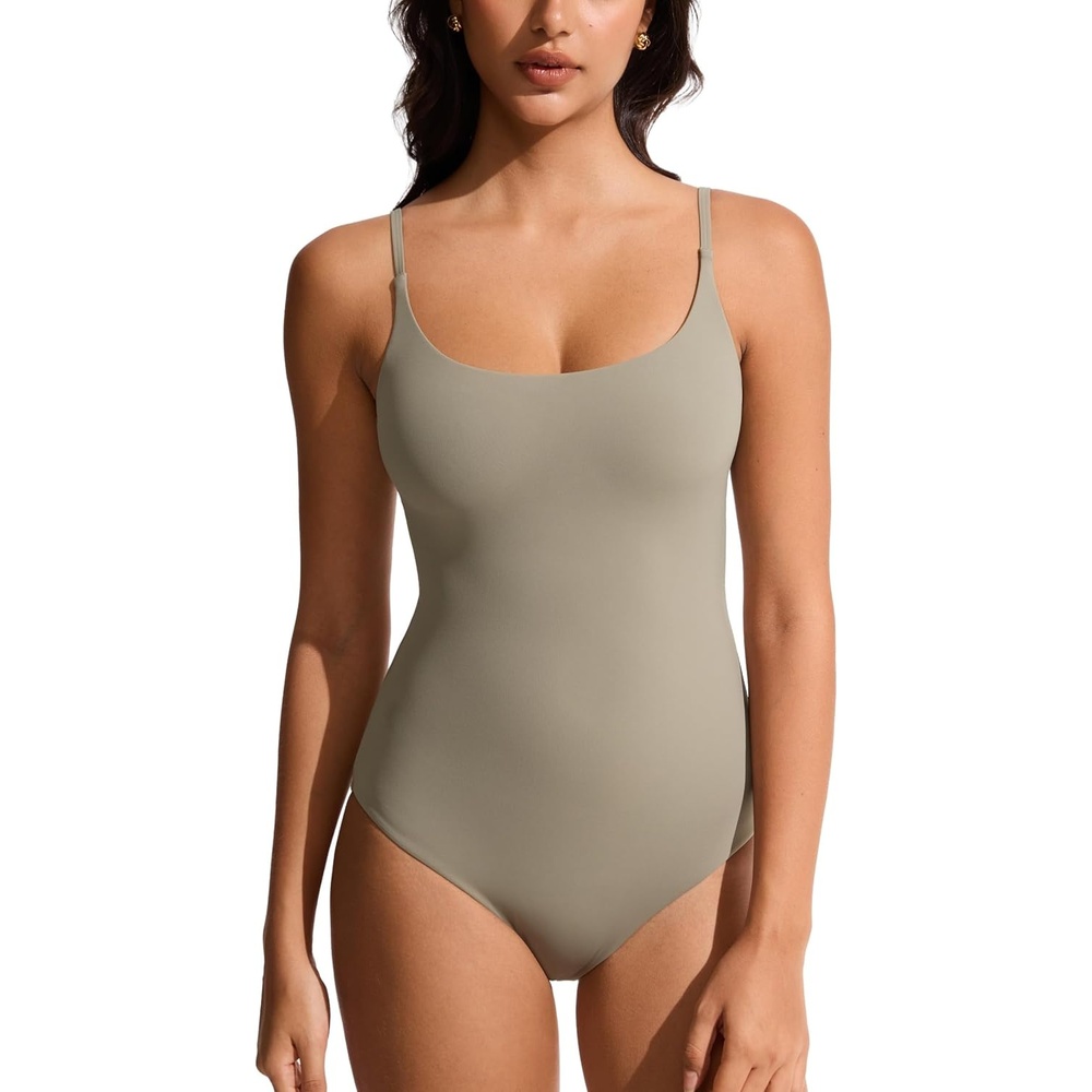 image:imageCRZ YOGA Nexfeel Scoop Neck One Piece Swimsuit for Women Double Lined Non Padded Tummy Control U Back Modest Swim Bathing SuitWarm Ash Grey