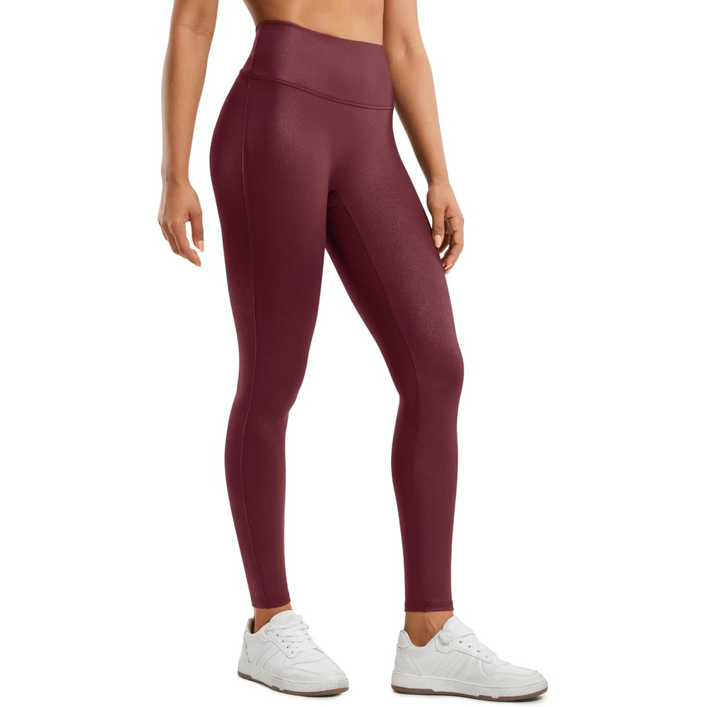 image:imageCRZ YOGA No Front Seam Faux Leather Leggings 28 Butterluxe Matte High Waist Stretch Tights Womens Pleather PantsRed Merlot Foil Pattern
