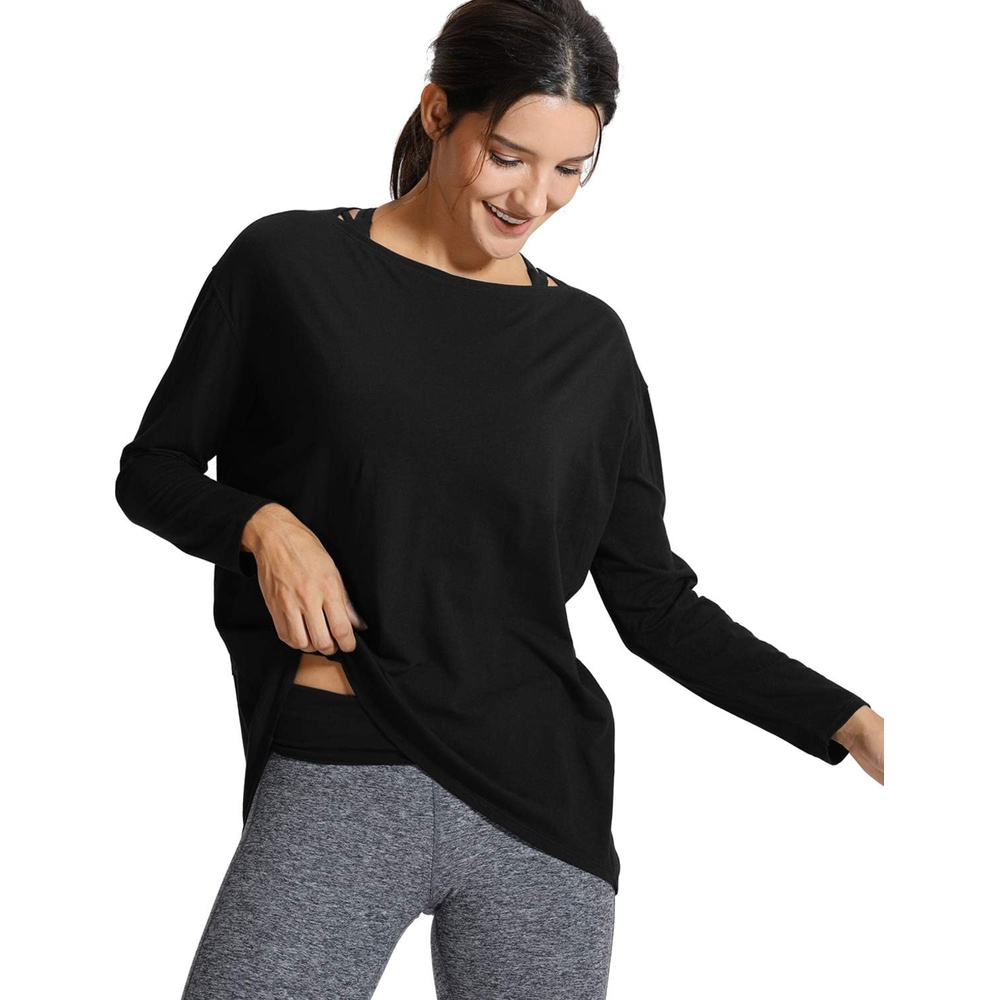image:imageCRZ YOGA Pima Cotton Boat Neck Long Sleeve Shirts for Women Workout Athletic Yoga Casual Tops Loose Fit Fall TShirtsBlack