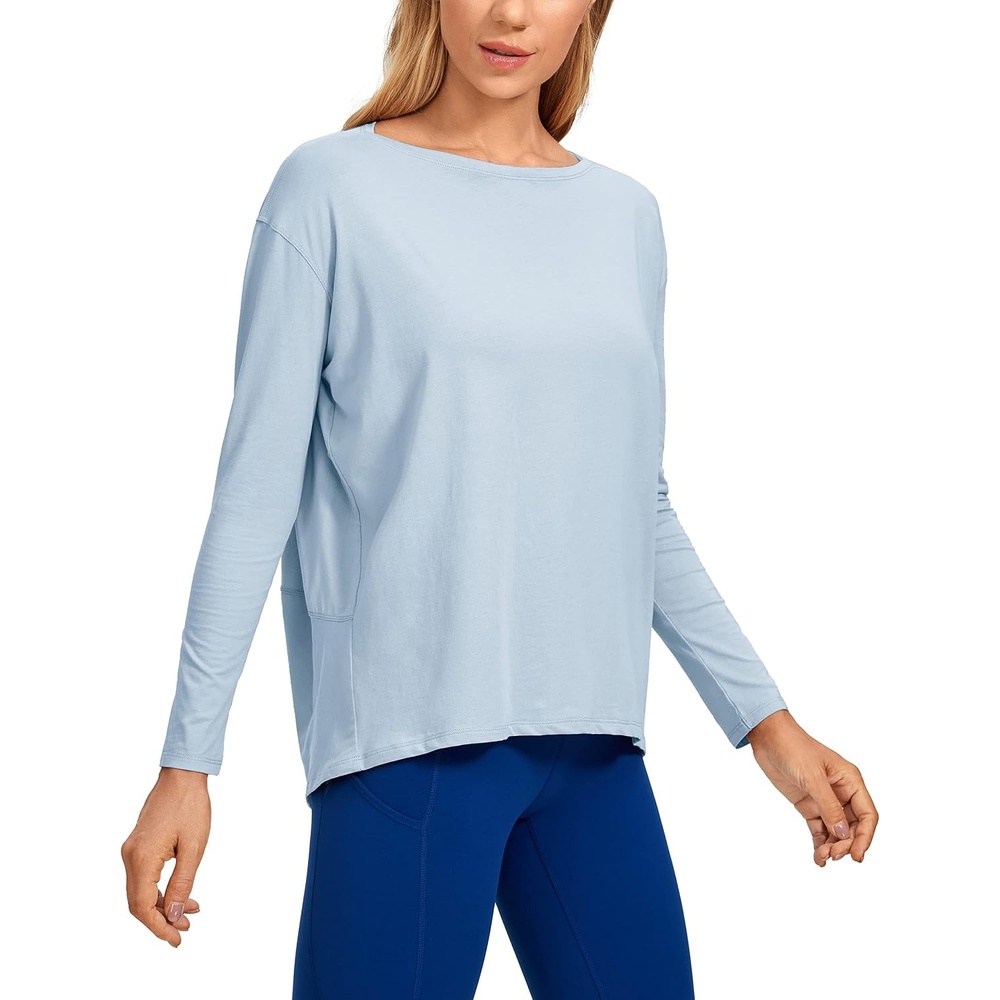 image:imageCRZ YOGA Pima Cotton Boat Neck Long Sleeve Shirts for Women Workout Athletic Yoga Casual Tops Loose Fit Fall TShirtsBlue Linen