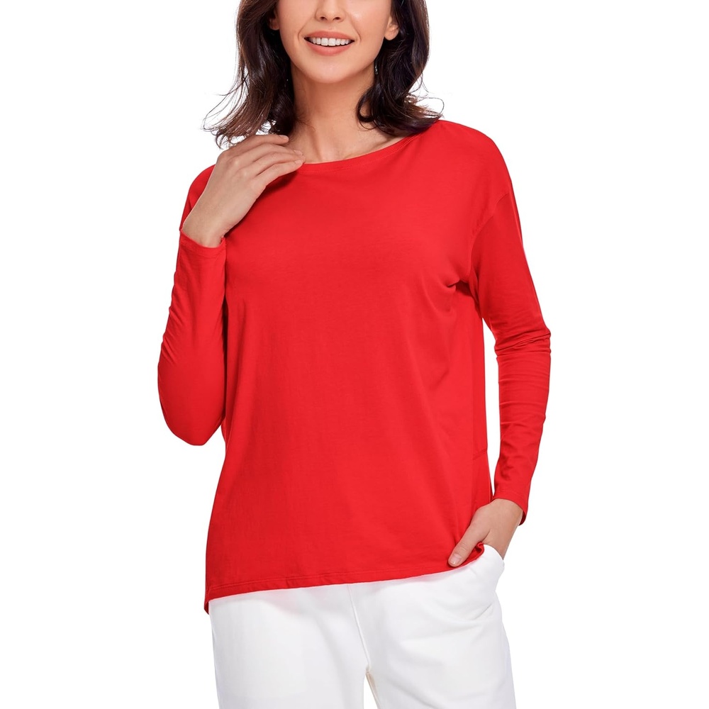 image:imageCRZ YOGA Pima Cotton Boat Neck Long Sleeve Shirts for Women Workout Athletic Yoga Casual Tops Loose Fit Fall TShirtsDeep Red