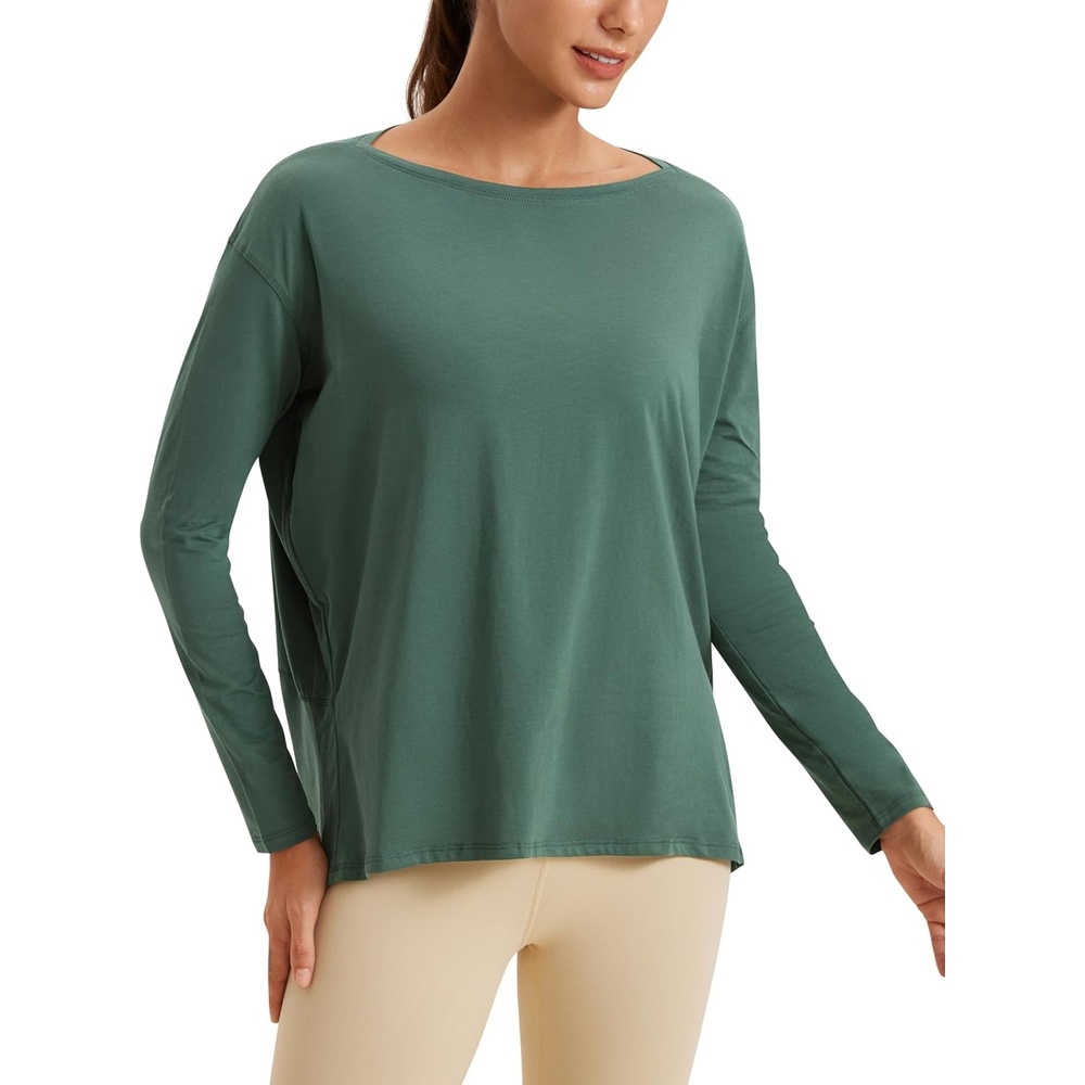 image:imageCRZ YOGA Pima Cotton Boat Neck Long Sleeve Shirts for Women Workout Athletic Yoga Casual Tops Loose Fit Fall TShirtsGraphite Green