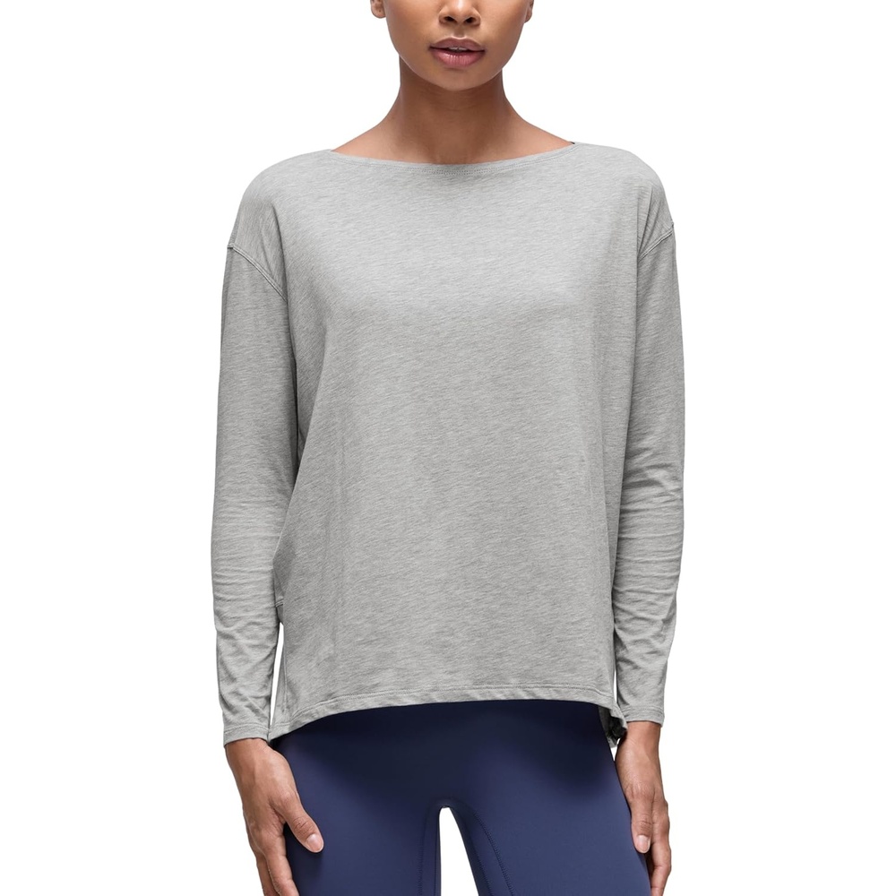 image:imageCRZ YOGA Pima Cotton Boat Neck Long Sleeve Shirts for Women  Workout Athletic Yoga Casual Tops Loose Fit Fall TShirtsHeathered Medium Grey