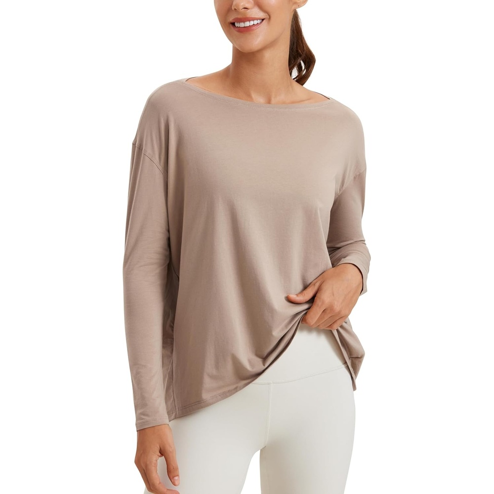 image:imageCRZ YOGA Pima Cotton Boat Neck Long Sleeve Shirts for Women Workout Athletic Yoga Casual Tops Loose Fit Fall TShirtsMortar Color