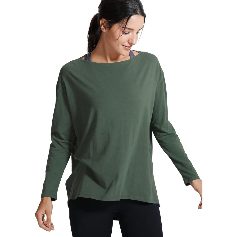 image:imageCRZ YOGA Pima Cotton Boat Neck Long Sleeve Shirts for Women  Workout Athletic Yoga Casual Tops Loose Fit Fall TShirtsNature Green