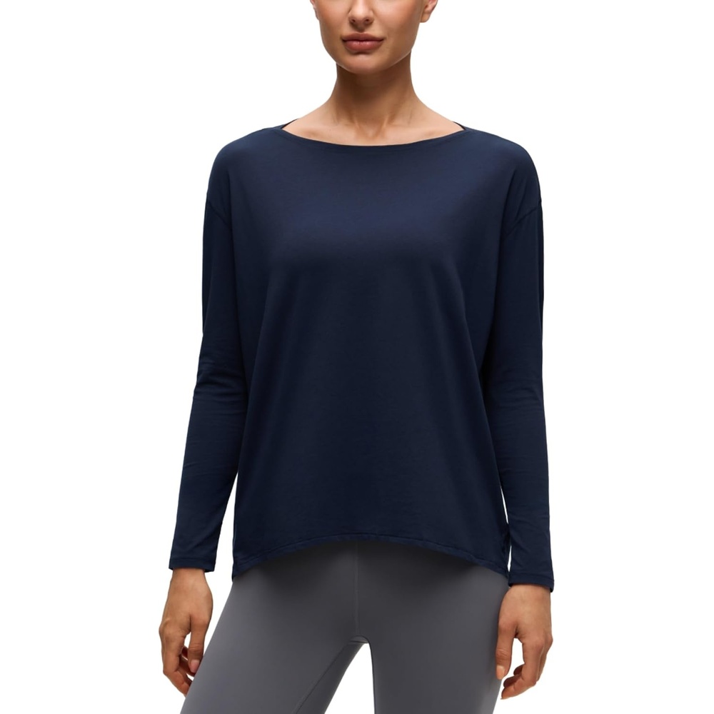 image:imageCRZ YOGA Pima Cotton Boat Neck Long Sleeve Shirts for Women Workout Athletic Yoga Casual Tops Loose Fit Fall TShirtsNavy